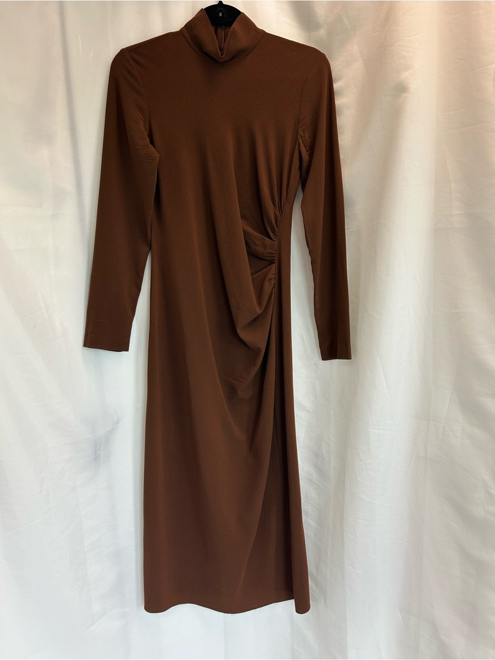 Zara Brown Long Sleeve Mock Neck Twist Detail Midi Dress Sz L stretchy classy - Picture 4 of 11